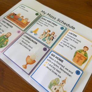 Könnte beinhalten: Eine laminierte My Mass Schedule-Tafel mit sechs nummerierten Abschnitten, Illustrationen und Text. Die Abschnitte umfassen Arrive, Holy Prayer, Sing and Pray, Communion, Listen und Go Home, jeweils mit farbigen Cartoon-Darstellungen von Aktivitäten.