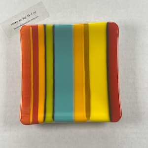 Bright Stripes Artisan Fused Glass Plate, Soap Dish, Candle Holder, Dessert Plate, Jewelry Dish
