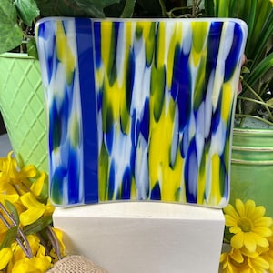 Yellow, Blue and White Opal Artisan Fused Glass Plate, Candle Holder, Plant Dish, Dessert Plate