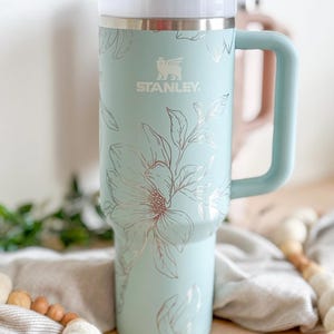 Magnolia Flower Engraved 40oz Tumbler | Stanley Quencher | Handle Lid and Straw | Insulated Engraved Cup | Travel Mug | Mother's Day 2026