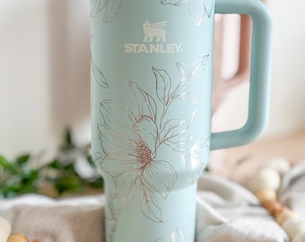 Magnolia Flower Engraved 40oz Tumbler | Stanley Quencher | Handle Lid and Straw | Insulated Engraved Cup | Travel Mug | Mother's Day 2026