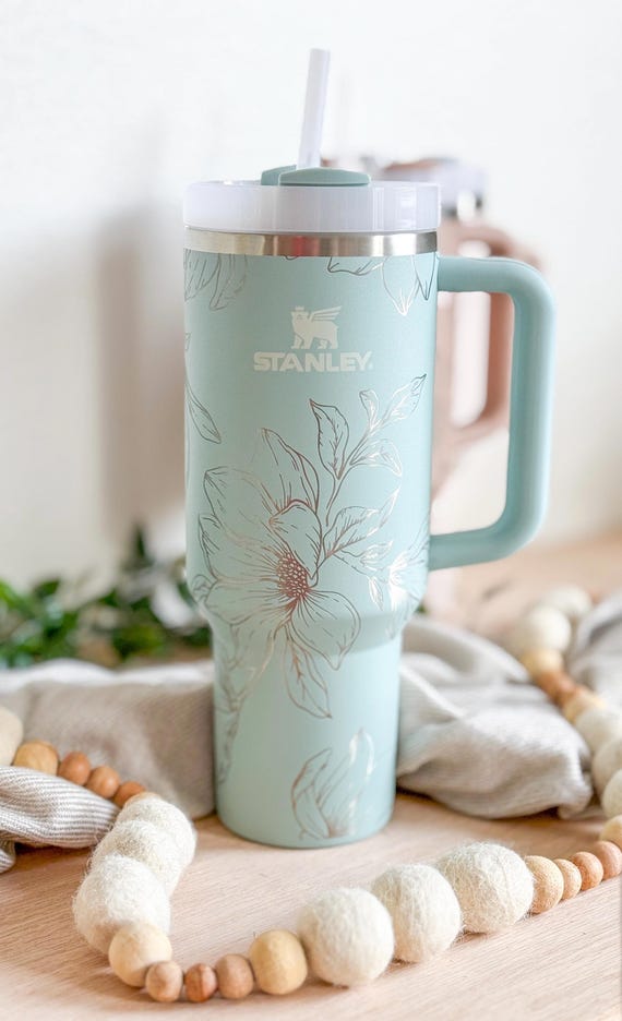Magnolia Flower Engraved 40oz Tumbler | Stanley Quencher | Handle Lid and Straw | Insulated Engraved Cup | Travel Mug | Mother's Day 2026