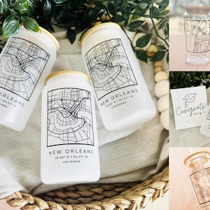 copo de vidro personalizado com mapa da cidade | 16 onças | Óculos Boho Libbey para presente | Copo de lata de cerveja | Copo de vidro | Tampa de bambu | Palha de vidro | Copo Personalizado |