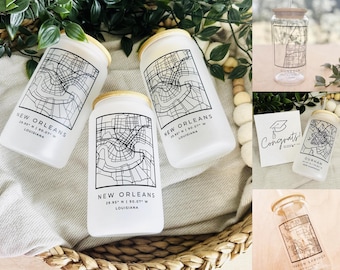 Custom City Map Glass Tumbler | 16oz | Gift Boho Libbey Glasses | Beer Can Glass | Glass Tumbler | Bamboo Lid | Glass Straw | Custom Cup |