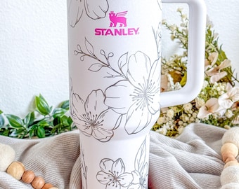 Cherry Blossom Engraved 40oz Tumbler | Stanley Quencher | With Handle Lid & Straw | Insulated Engraved Cup | Travel Mug | Mother's Day 2025