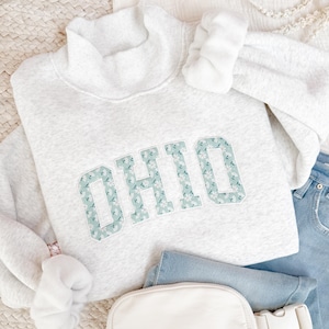 Ohio Mockneck Sweatshirt | Floral Applique State Sweatshirt | Heathered Gray Oversized Crewneck Pullover | Custom Embroidered
