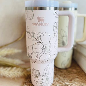 Floral Engraved 30oz Tumbler | Stanley Quencher | Handle Lid and Straw | Insulated Engraved Cup | Travel Mug | Gifts for Her | Mother&#39;s Day