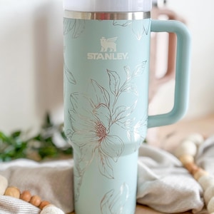 Magnolia Flower Engraved 40oz Tumbler | Stanley Quencher | Handle Lid and Straw | Insulated Engraved Cup | Travel Mug | Mother&#39;s Day 2025