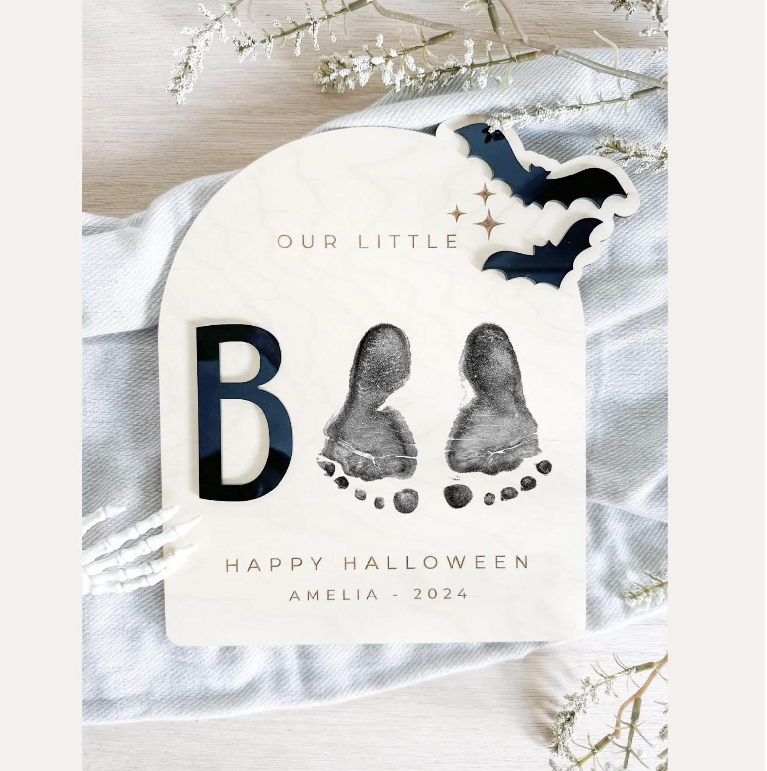 Halloween Footprint or Handprint Art Sign | Trick or Treat | My Little Boo | Baby’s First Halloween Keepsake | Kid Craft | 2024 | Engraved