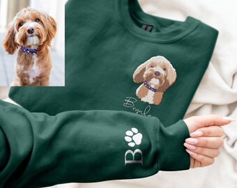 Custom Embroidered Your Pet Portrait Photo Sweatshirt, Add Dog Cat Name, Pets Lovers Embroidery Shirt, Initial on Sleeve, Personalized Gift