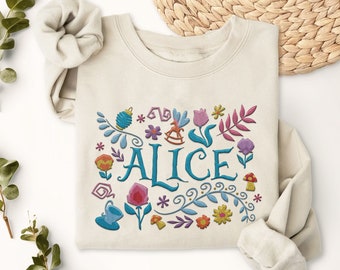 Embroidered Alice in Wonder2024 Sweatshirt,  Alice Floral Embroidery Shirt, Magic Kingdom Theme Park,  World 2024 Trip