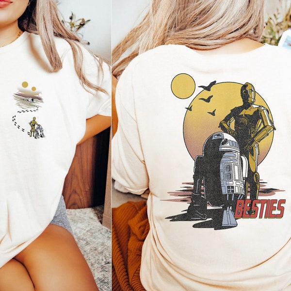 Two Sided Star Wars Droid Dessert Footprints Comfort Colors Shirt, Retro C-3PO and R2-D2 On Tatooine Washed T-shirt, Galaxy's Edge Trip