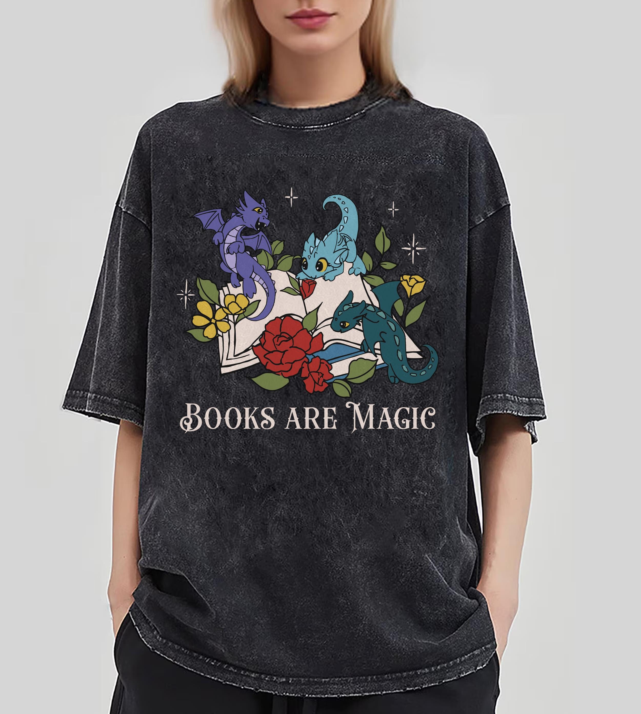 Dragon Book Floral Books Are Magic  Shirt, Book Lover Mineral Wash T-shirt