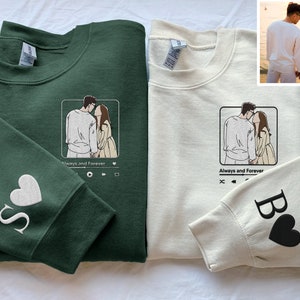 Custom Embroidered Couple Portrait Photo Sweatshirt, Add Your Love Song, Initial on Sleeve, Matching Embroidery Shirt, Anniversary Gift