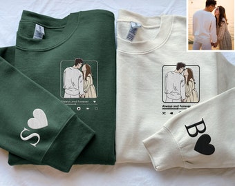 Custom Embroidered Couple Portrait Photo Sweatshirt, Add Your Love Song, Initial on Sleeve, Matching Embroidery Shirt, Anniversary Gift