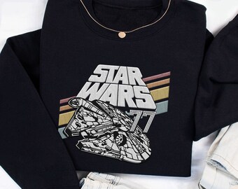 Retro Embroidered Star Wars Millennium Falcon 77 Sweatshirt, May The Force Be With You, Star Wars Day 2024 Embroidery Shirt, Galaxy's Edge