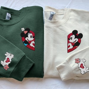 Embroidered Mickey Minnie Matching Sweatshirt, Disney Couple Embroidery Shirt, Heart Hands Sign, Anniversary Gift, Disneyland Honeymoon Trip
