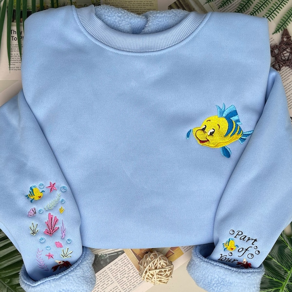 Embroidered Flounder The Little Mermaid Sweatshirt, Flounder Sebastian Part Of Your World Embroidery Shirt,  World 2024 Trip