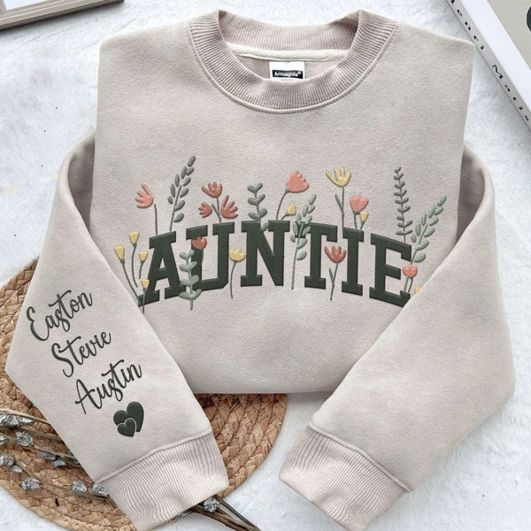 Custom Embroidered Auntie Wildflower Sweatshirt, Aunt Niece Nephew, Auntie Floral Embroidery Shirt, Mother's Day, Personalized Gift For Aunt