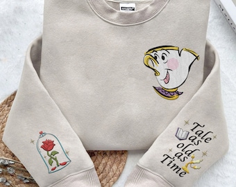 Embroidered Chip Enchanted Rose Tale As Old As Time Sweatshirt, Beauty and The Beast Disney Embroidery Shirt, Disney World Disneyland Trip