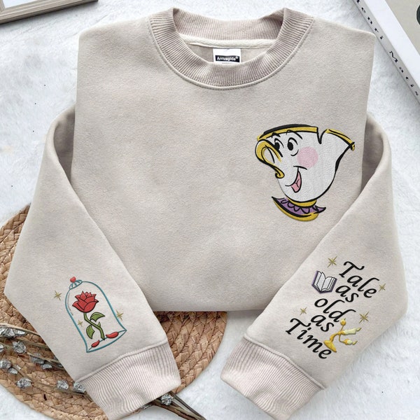 Embroidered Chip Enchanted Rose Tale As Old As Time Sweatshirt, Beauty and The Beast  Embroidery Shirt,  World 2024 Trip