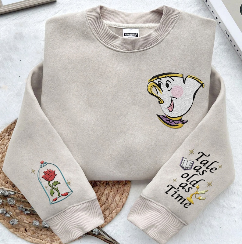 Embroidered Chip Enchanted Rose Tale As Old As Time Sweatshirt, Beauty and The Beast Disney Embroidery Shirt, Disney World Disneyland Trip