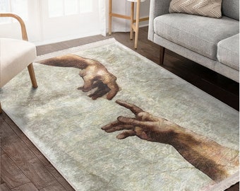 Hand art rug|Creation of Adam rugs|Vintage area carpet|Brown oil painting carpets|Michelangelo rug|Popular anti-slip mat|Large rug|Gift mats