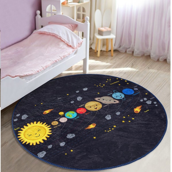 Solar system round rug|Educational planet rugs|Learning themed mat|Space motif carpet|Planetary design carpets|Child room mats|Gifts rugs