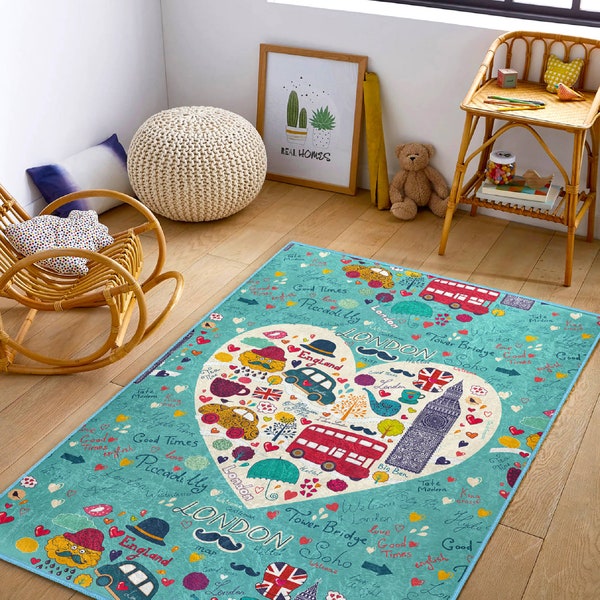 London themed rug|Kids room rugs|Colorful play area carpet|Child-friendly carpets|Kids play mat|Educational mats|Playroom rug|Gifts rugs