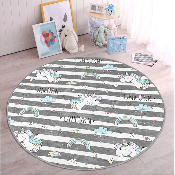 Unicorn patterned round rug|Grey striped nursery carpet|Rainbow kinderkarten circle rugs|Einhorn teppiche|Baby room toddler mat