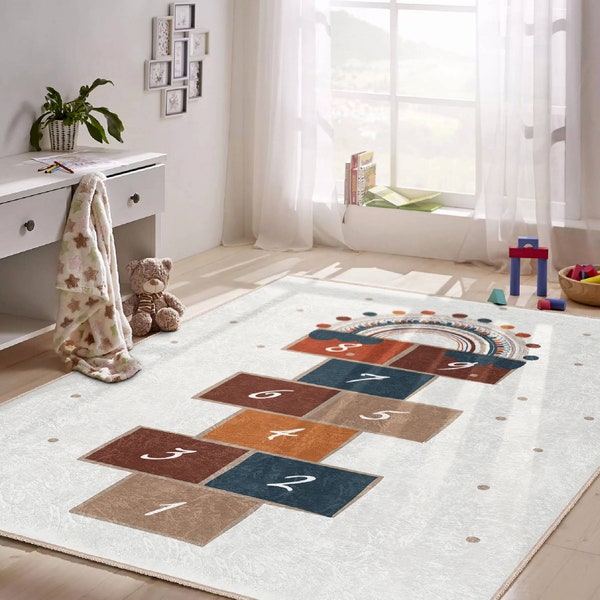 Tapis de jeu de marelle|Tapis d'apprentissage des nombres|Tapis d'activités pour enfants|Tapis de jeux éducatifs|Tapis antidérapant pour aire de jeux|Tapis fait main pour chambre d'enfant