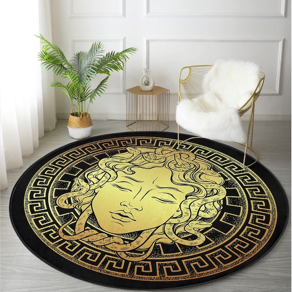 Medusa black carpet|Ancient framed rug|Mythical creature motif rugs|Gold bordered carpets|Edged non-slip mat|Greek inspired mats|Custom rug