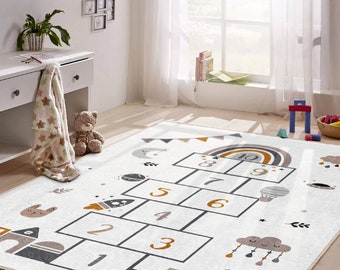 Hopscotch play area rug|Playroom activity non-slip mat|Kid's room game carpet|Educational playmats|Nursery decorations|Sleep room rug