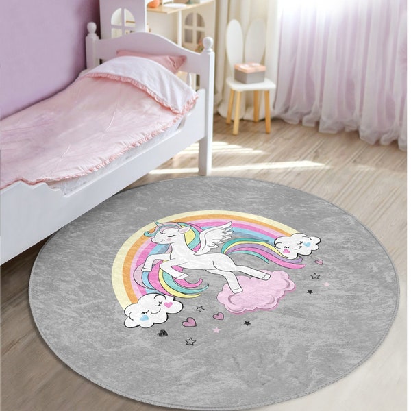 Grey unicorn carpet|Rainbow animal print rug|Einhorn teppiche|Star nursery non-slip rugs|Hearted children room carpets|Digital printed mat
