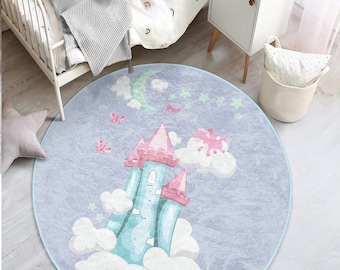 Princess castle round rug|Nursery star carpet|Cloudy non-slip rugs|Kinder teppiche|Sleep room circle carpet|Washable kid's room rug