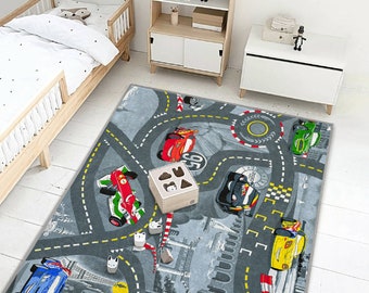 Rennauto-Teppich|Gothic Teppich|Spielmatte für Rennautos|Kinderteppiche| Spielzimmer Teppiche für Kinder|