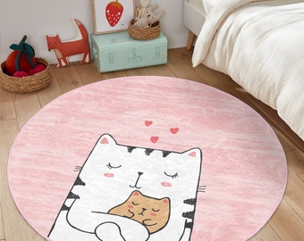 Cheerful cat round rug|Kitten nursery carpet|Minimalist feline rugs|Best cats lover carpets|Love themed kid's room carpet|Unique gift rug