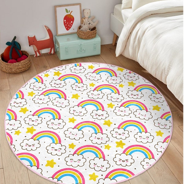 Non-slip rainbow rug|Cloud baby room carpet|Sleep room round rugs|Star ınfant carpets|Colorful kid's room rug|Minimalist cloudy carpet