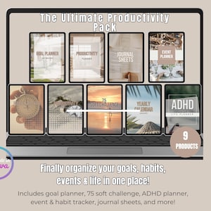 Può includere: Uno schermo di laptop mostra "The Ultimate Productivity Pack" con nove prodotti digitali, tra cui pianificatori di obiettivi e fogli di diario. È visibile anche il testo "Finalmente organizza i tuoi obiettivi, abitudini, eventi e la vita in un unico posto!"