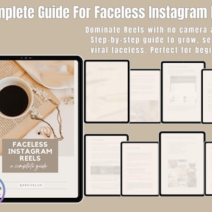 以下が含まれることがあります： 「A Complete Guide For Faceless Instagram Reels」というタイトルのデジタルガイドがタブレットに表示されています。表紙にはコーヒーカップ、本、ジュエリーが描かれています。追加のタブレットにはコンテンツページが表示されています。このガイドは、ユーザーの成長、販売、そしてバイラル化を支援することを約束します。