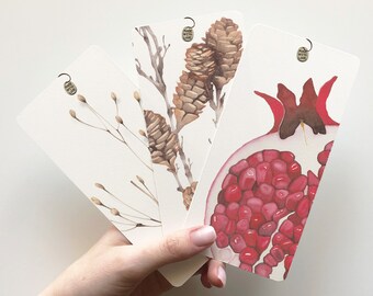 Handmade botanical watercolor art bookmark set 3x - Made in Italy