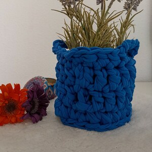 Puede incluir: Una maceta azul de ganchillo con una planta de lavanda en su interior. La maceta está sobre una superficie blanca con dos flores decorativas.