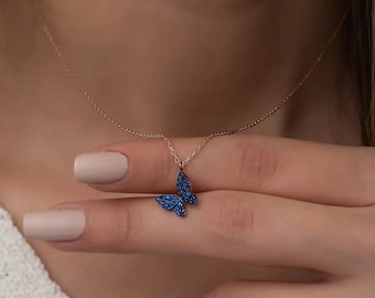 Winzige blaue Schmetterling Damen Silber Halskette, 925 Sterling
