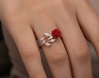 Adjustable Ivy Model Red Rose Ring, 925 Sterling Silver Ring