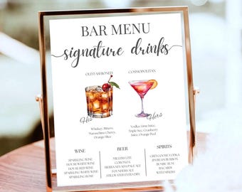 Letrero de bebidas con firma para bodas, plantilla de menú de bar de cócteles imprimible, plantilla de señalización de descarga instantánea, plantilla editable