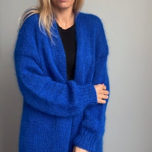 モヘアロングカーディガン、ロイヤルブルーモヘア、オーバーサイズカーディガン、オープンフロントチャンキーセーター、ウールコート、冬用ジャケット、ルーズカーディガン、ハンドメイド
