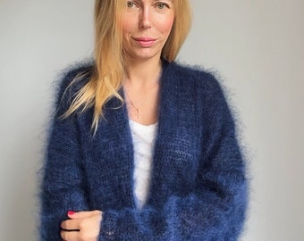 Navy Mohair Cardigan, Fluffy Oversized cardigan, Opent front Chunky sweater, Wool coat, Winter jacket , Long Loose cardigan, 100% Hand Made