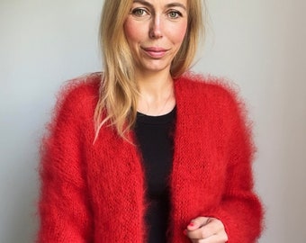 Mohair Red Cardigan, Women’s knitted cardigan, Oversized cardigan, Chunky sweater, Wool coat, Mohair jacket, Loose cardigan, 100% Hand Made