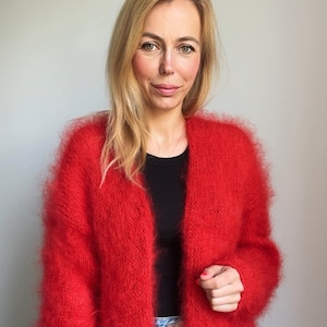 Mohair Red Cardigan, Women’s knitted cardigan, Oversized cardigan, Chunky sweater, Wool coat, Mohair jacket, Loose cardigan, 100% Hand Made