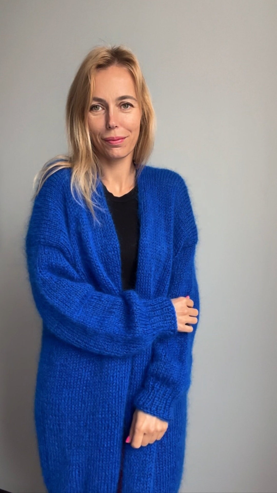 Oversize Strickmantel Hellblau Strickjacke Blau Angora Strickjacke